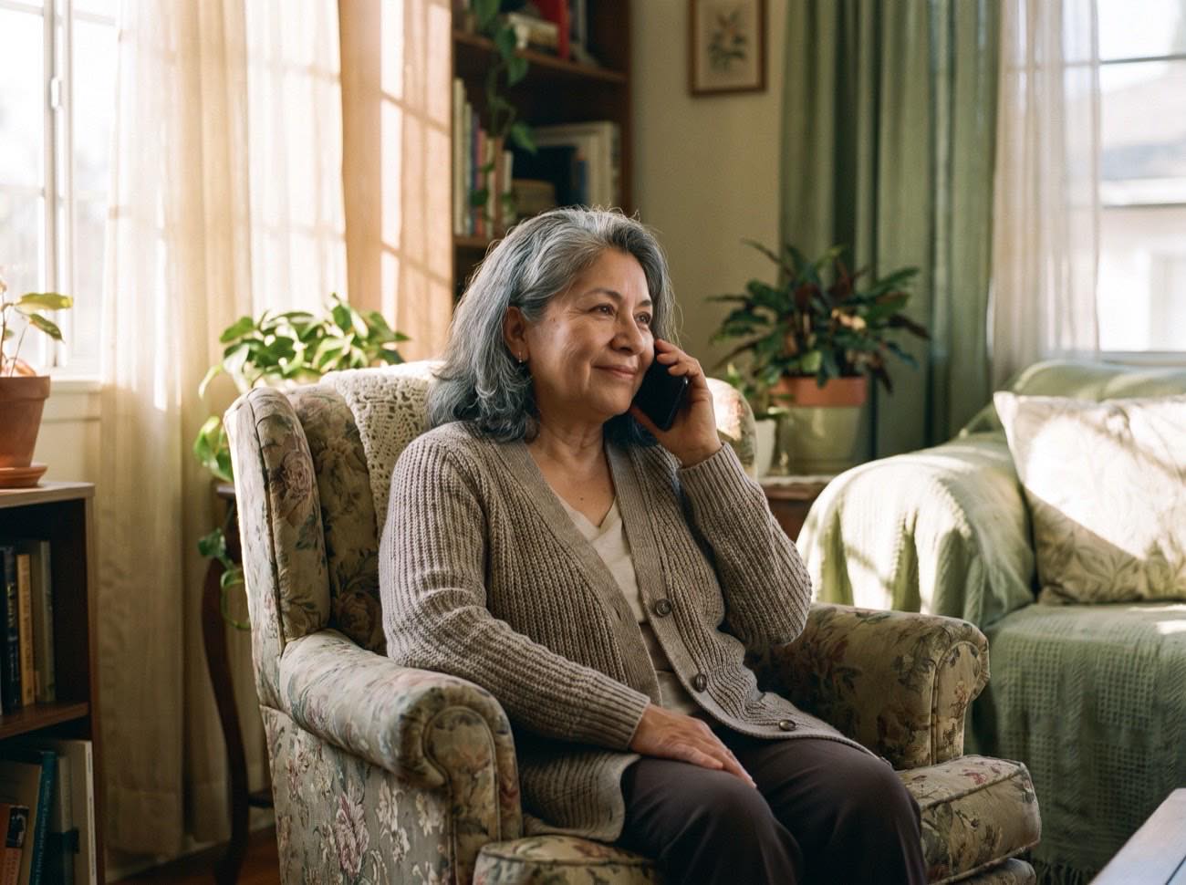 Señora hablando por teléfono desde su sala